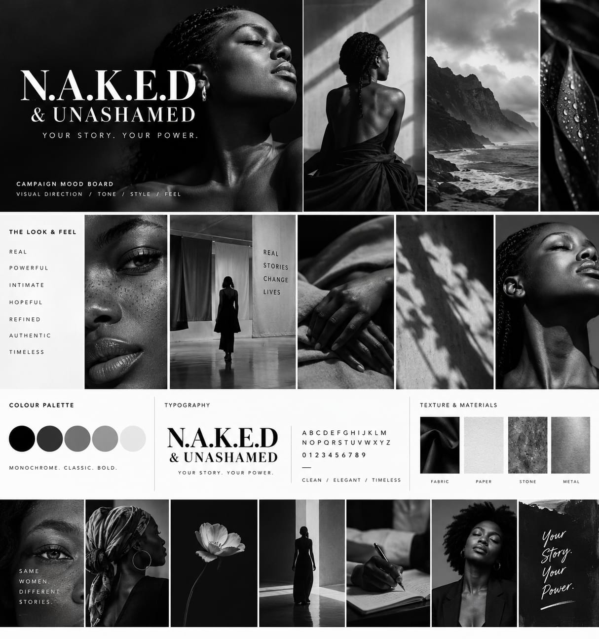N.A.K.E.D & Unashamed portrait and material mood board